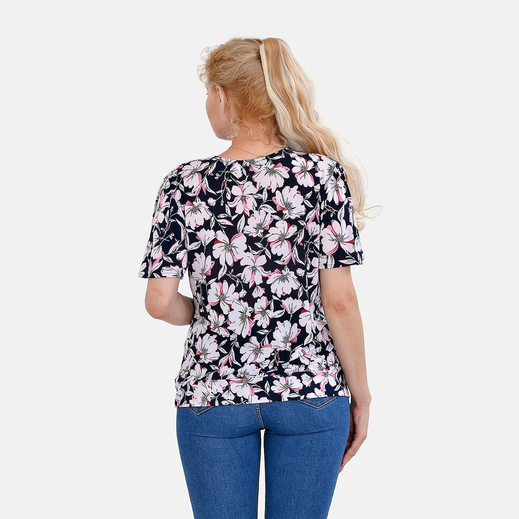 Tamsy V- Neck Flower Top (One Size 8 to 16) - Navy Blue