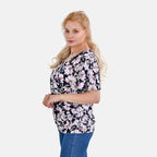 Tamsy V- Neck Flower Top (One Size 8 to 16) - Navy Blue