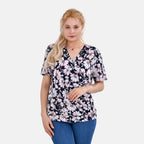 Tamsy V- Neck Flower Top (One Size 8 to 16) - Navy Blue
