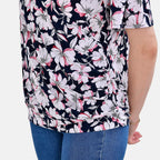 Tamsy V- Neck Flower Top (One Size 8 to 16) - Navy Blue