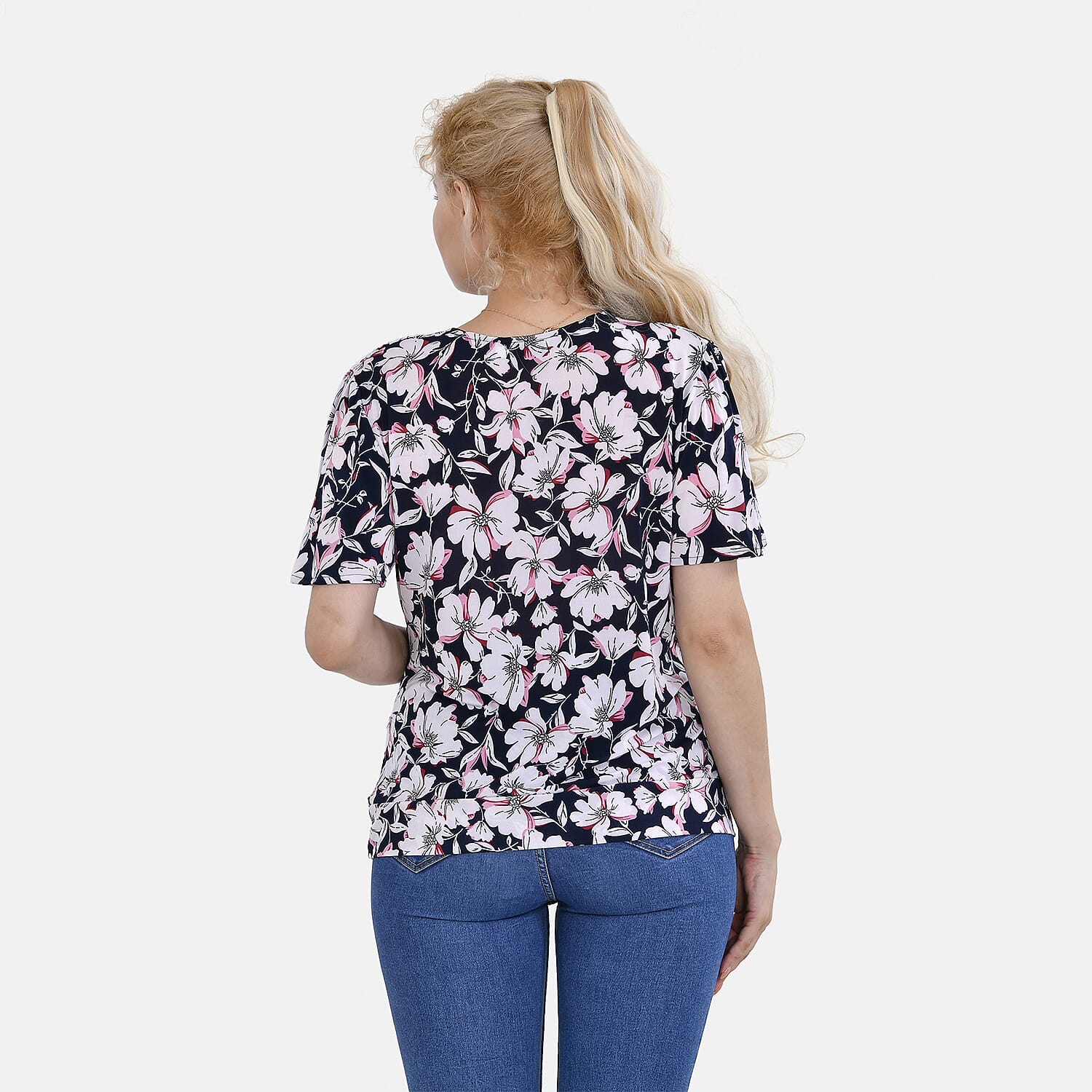 Tamsy V-Neck Flower Top (Curve Size 18 to 22) - Navy Blue