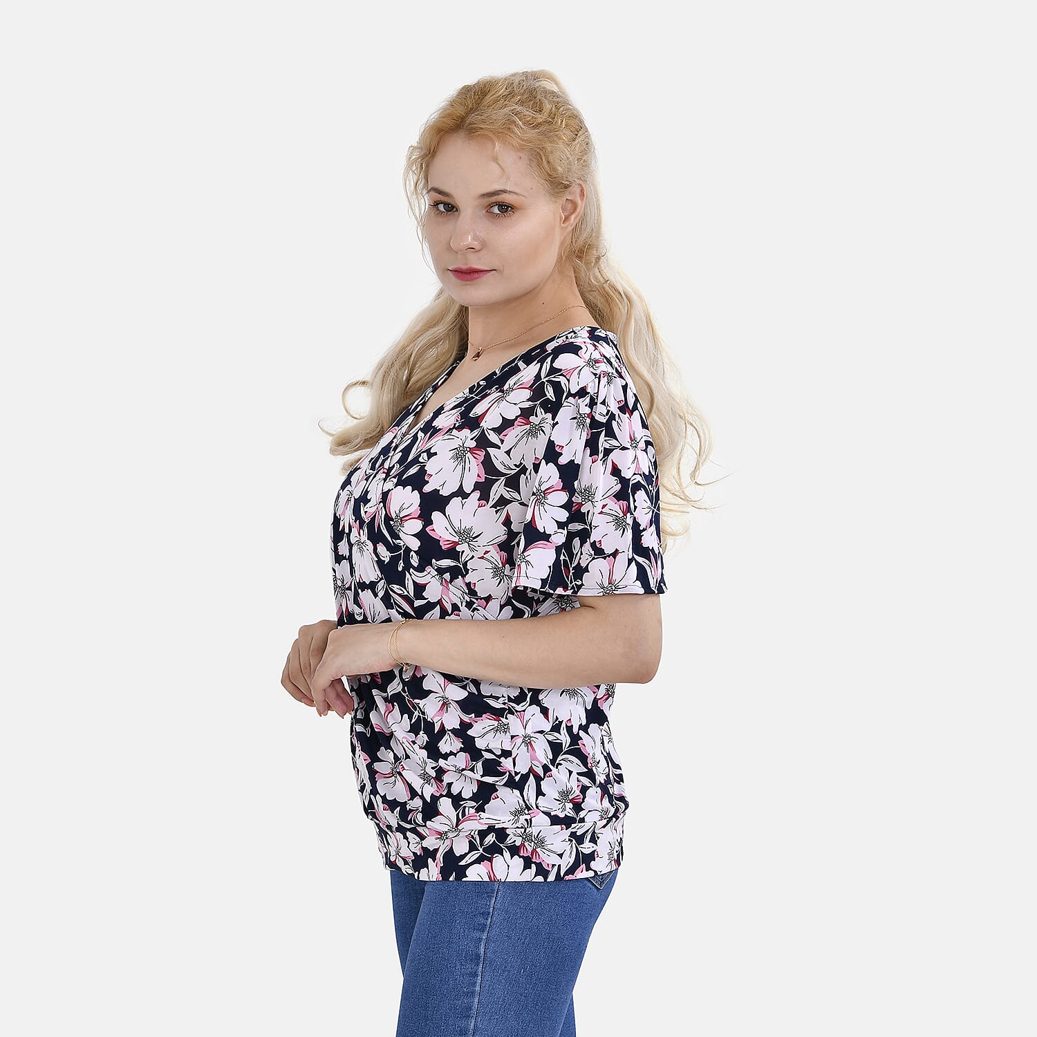 Tamsy V-Neck Flower Top (Curve Size 18 to 22) - Navy Blue