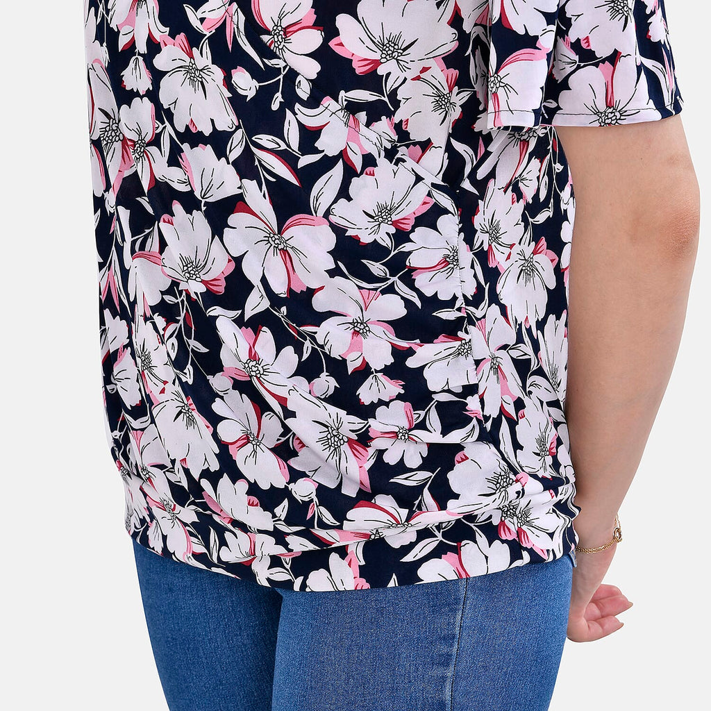Tamsy V-Neck Flower Top (Curve Size 18 to 22) - Navy Blue