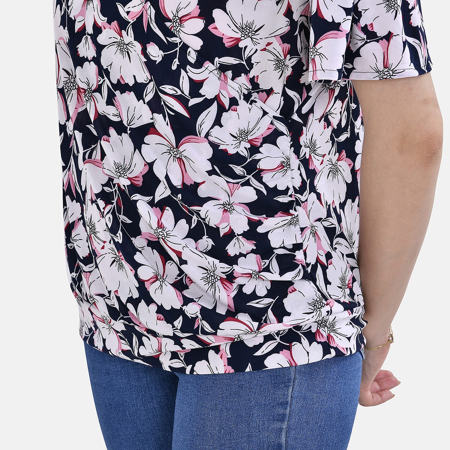 Tamsy V-Neck Flower Top (Curve Size 18 to 22) - Navy Blue
