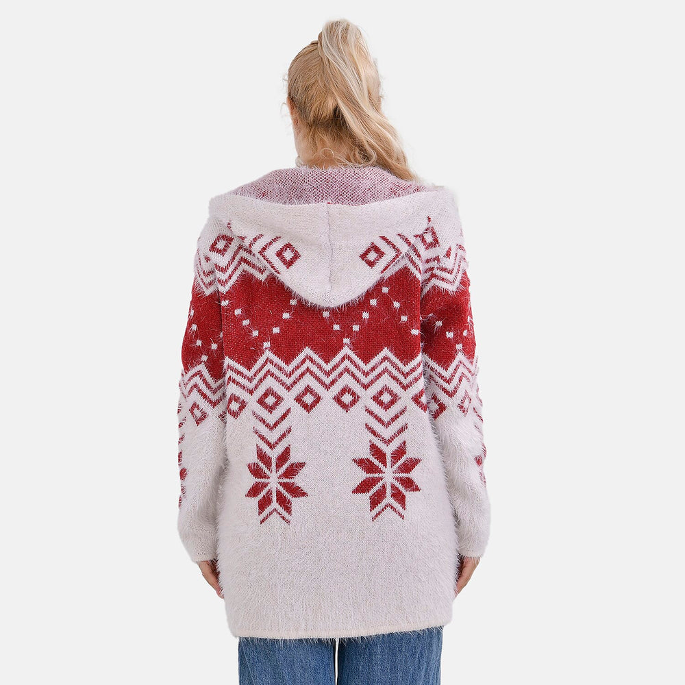 Tamsy Cozy Winter Coatigan with Hoodie (Size 8 to 20) - White & Red