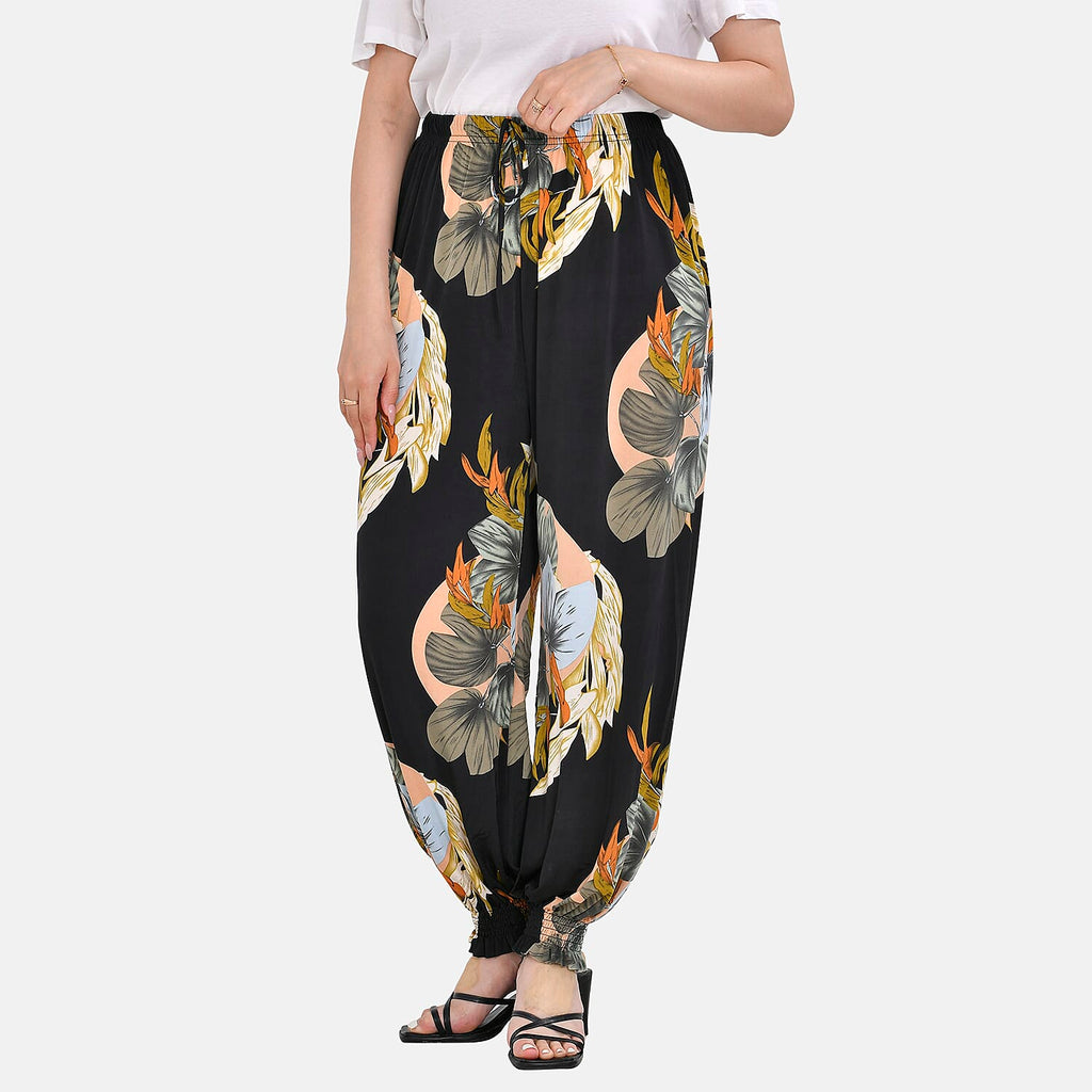 TAMSY Leaves Pattern Elastic Waist Band Trousers (One Size, 8-16) - Black