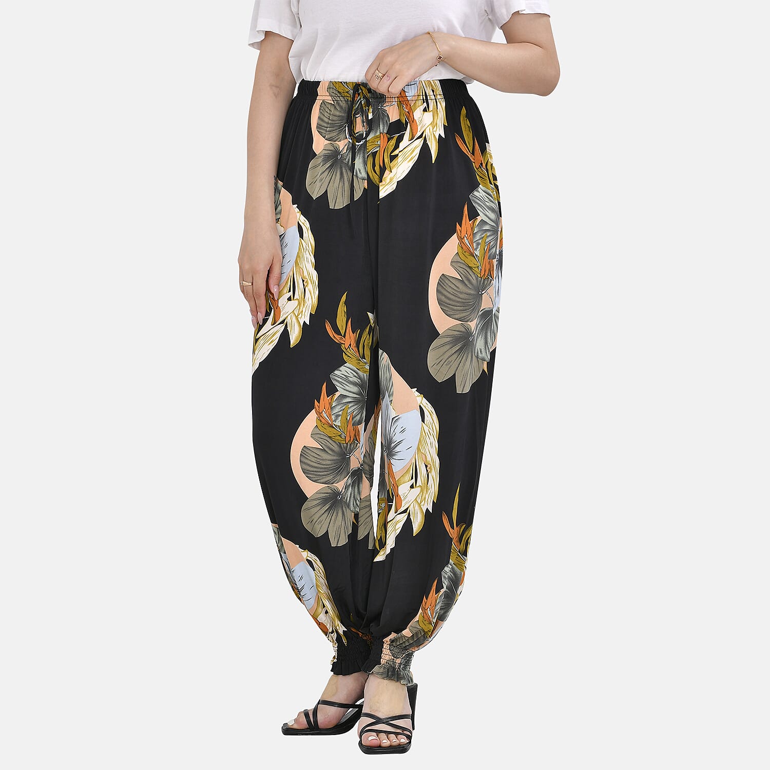 TAMSY Leaves Pattern Elastic Waist Band Trousers (One Size, 8-16) - Black