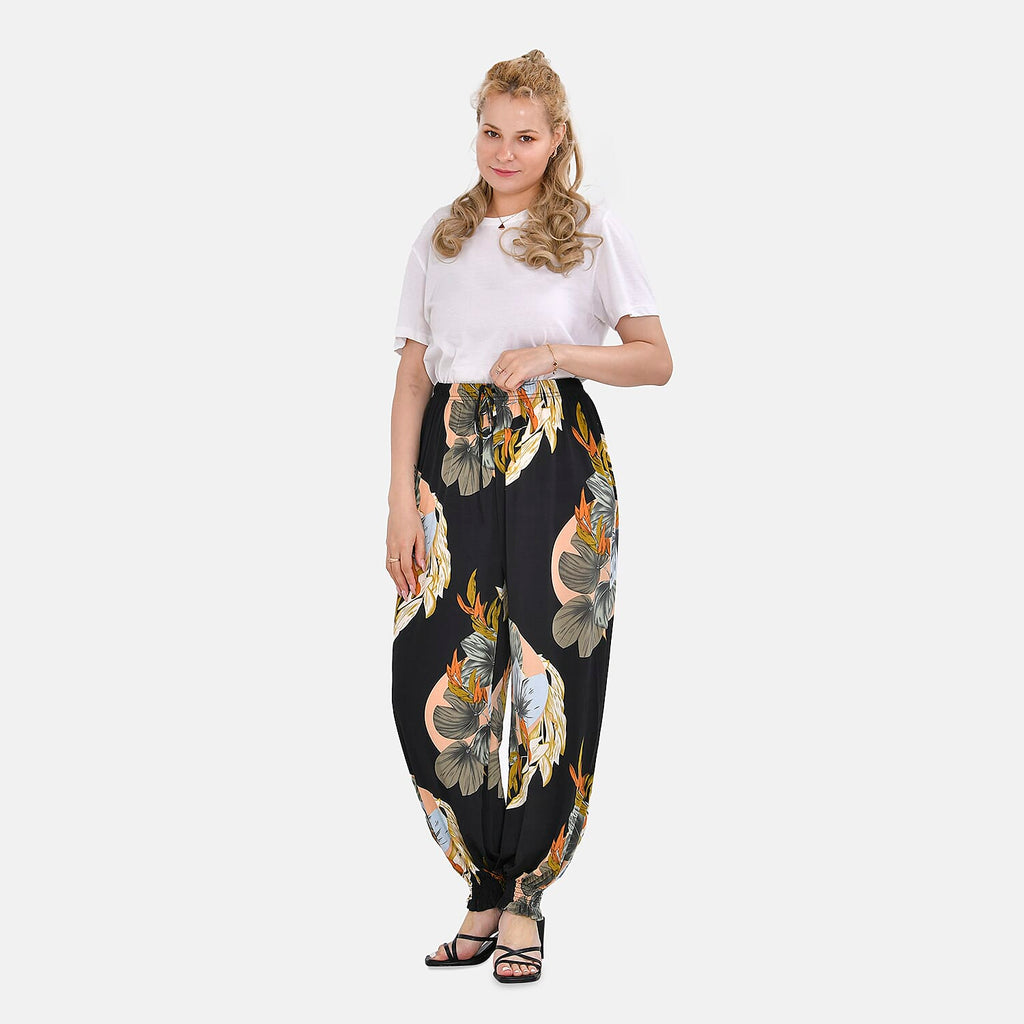 TAMSY Leaves Pattern Elastic Waist Band Trousers (One Size Curve, 18-24) - Black