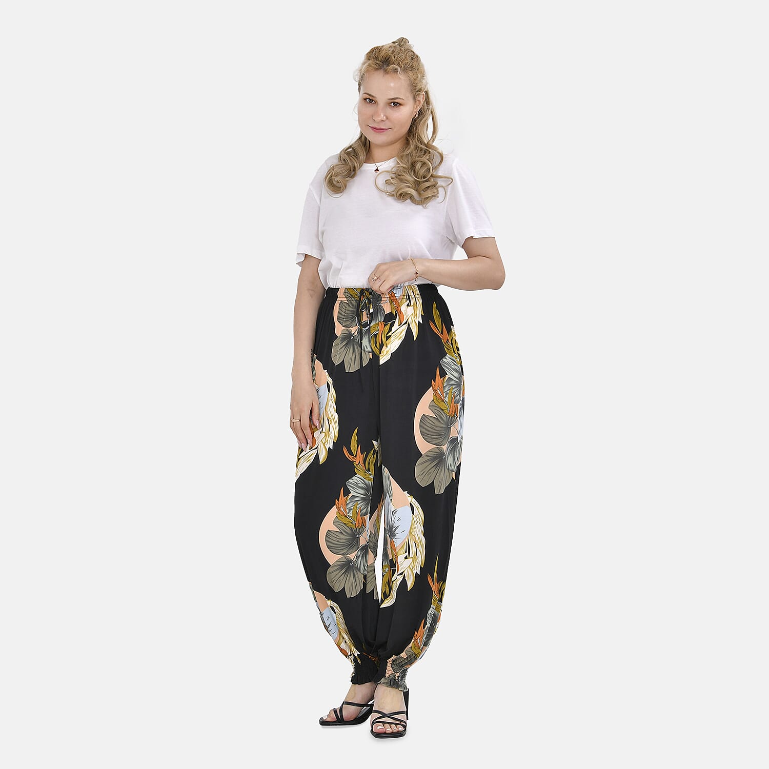 TAMSY Leaves Pattern Elastic Waist Band Trousers (One Size Curve, 18-24) - Black
