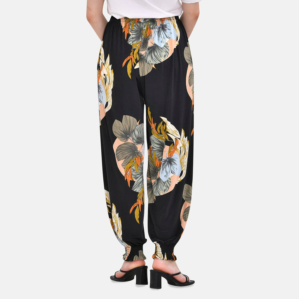 TAMSY Leaves Pattern Elastic Waist Band Trousers (One Size Curve, 18-24) - Black