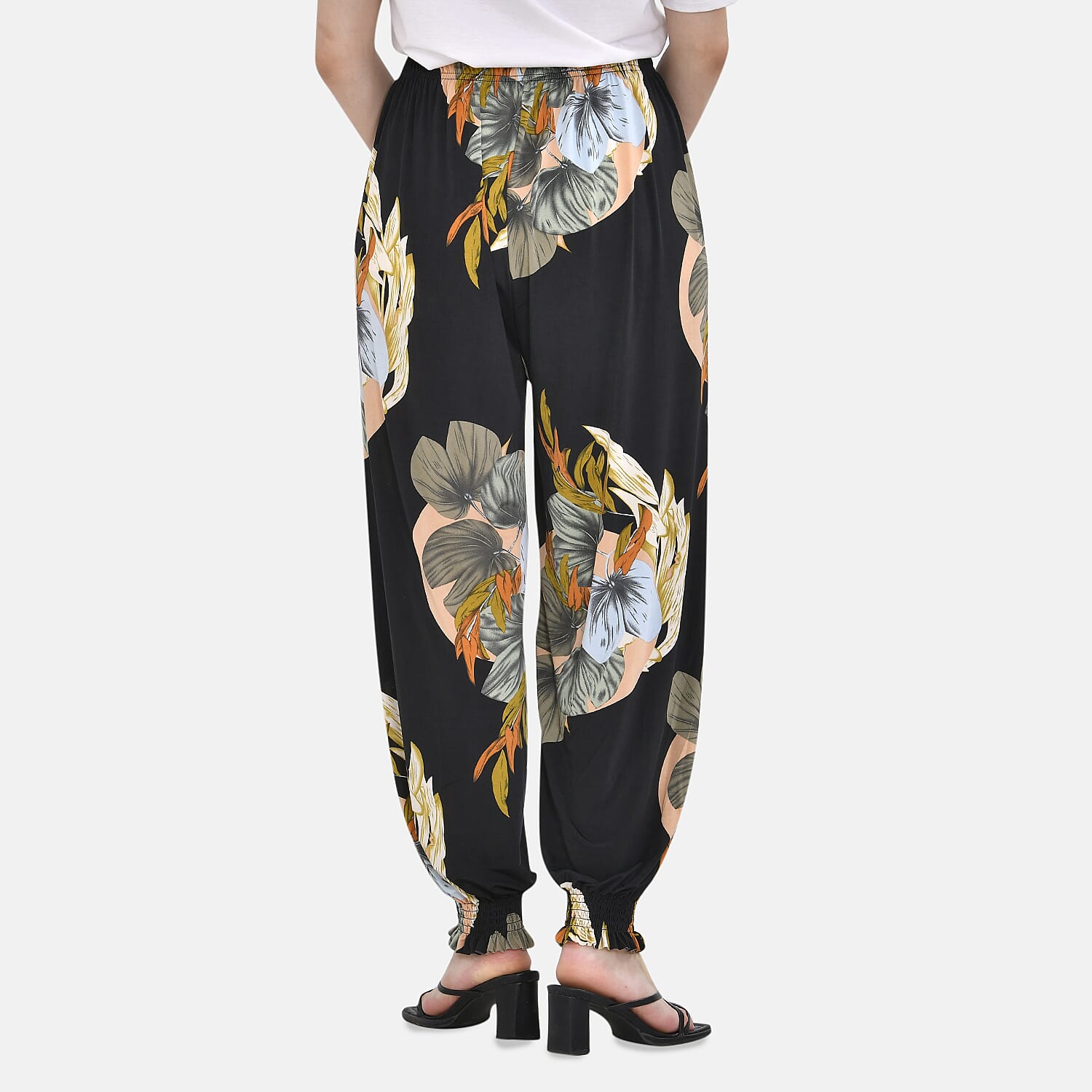 TAMSY Leaves Pattern Elastic Waist Band Trousers (One Size Curve, 18-24) - Black