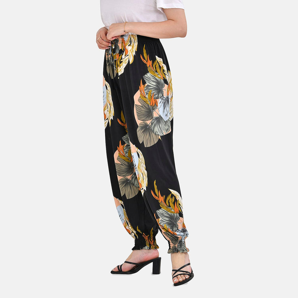 TAMSY Leaves Pattern Elastic Waist Band Trousers (One Size Curve, 18-24) - Black