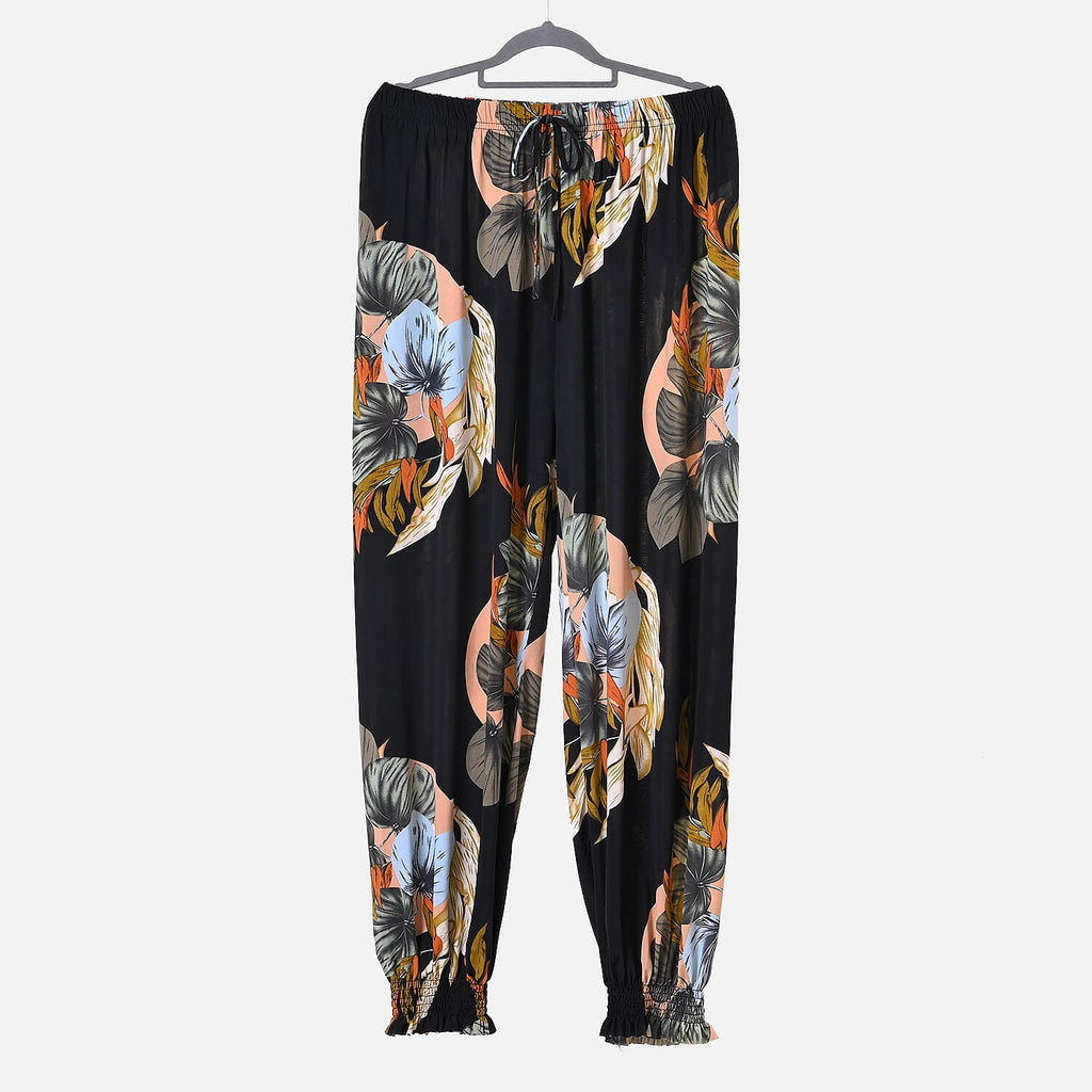TAMSY Leaves Pattern Elastic Waist Band Trousers (One Size Curve, 18-24) - Black