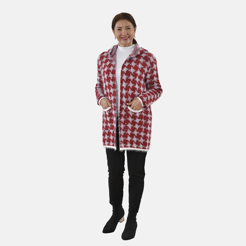 Tamsy Geometric Pattern Cardigan with 2 Pockets (Size 8-20) - Pink & White