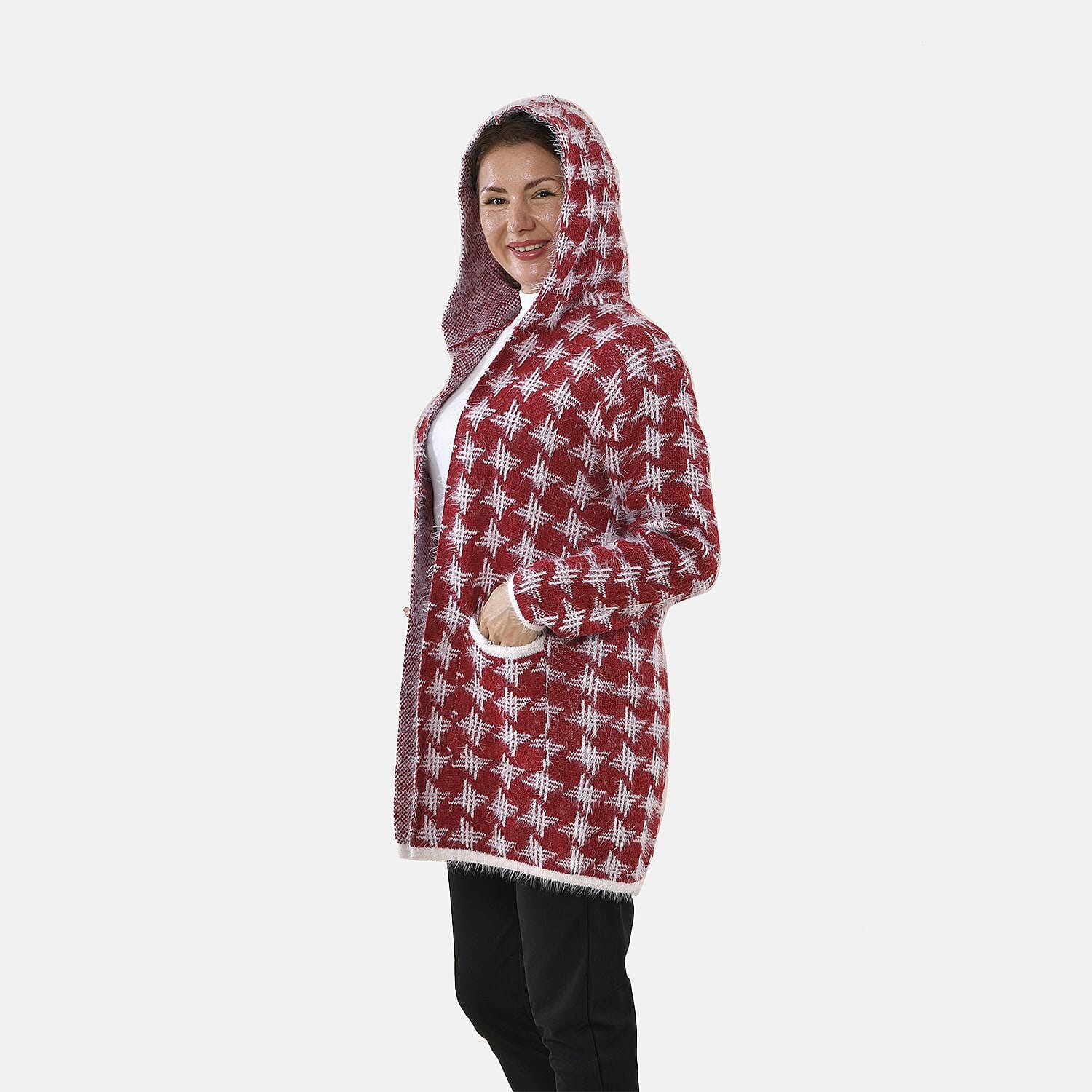 Tamsy Geometric Pattern Cardigan with 2 Pockets (Size 8-20) - Pink & White
