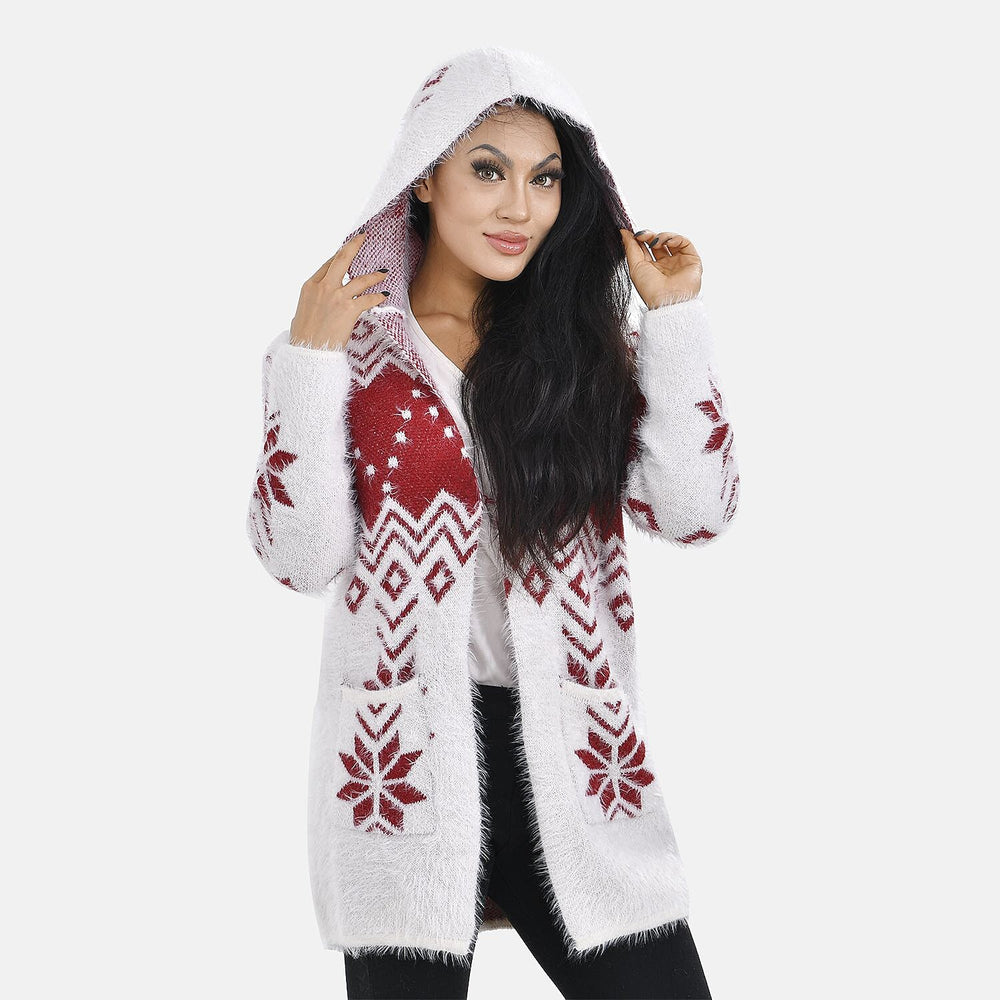 Christmas Coatigan with Hoodie (Size Up to 20) - Red - White