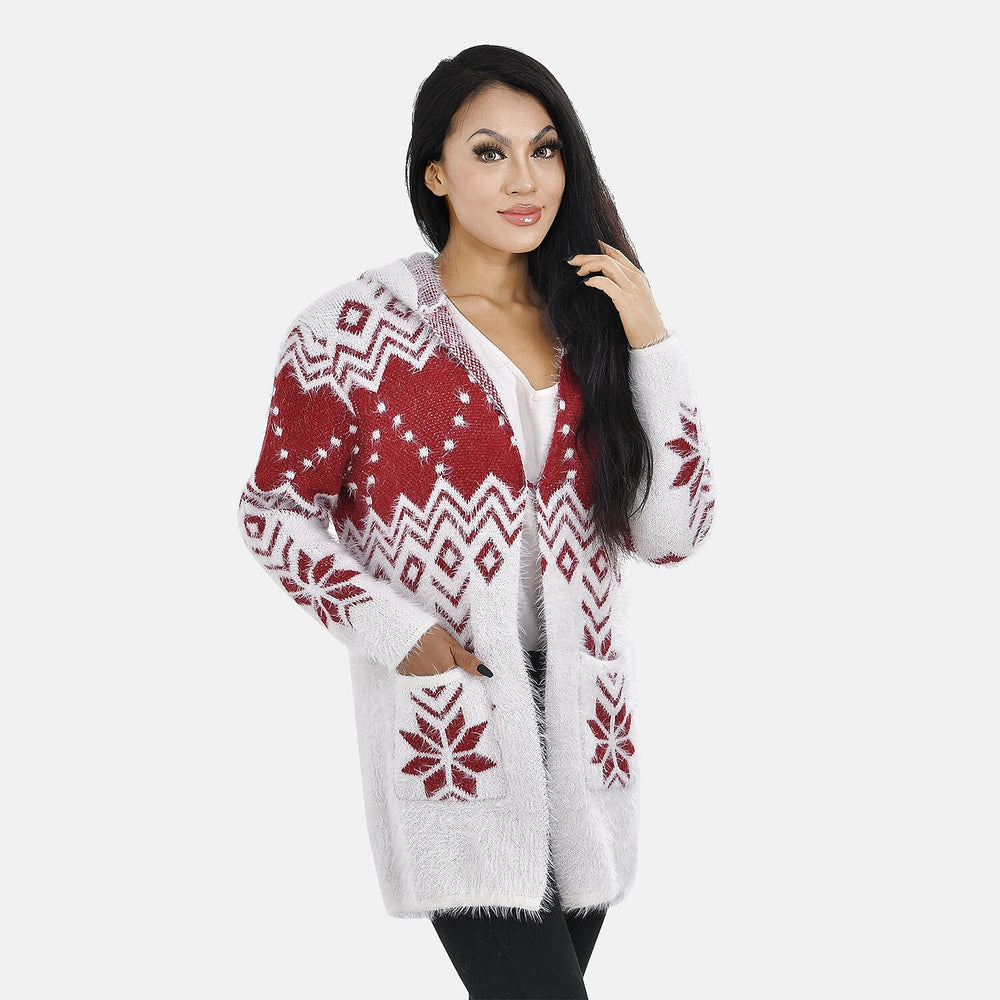 Christmas Coatigan with Hoodie (Size Up to 20) - Red - White
