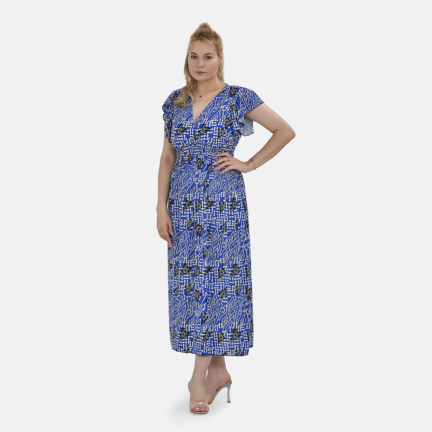 TAMSY Flutter Sleeves Smocked Midi Dress (Curve Size 20-26) - Blue