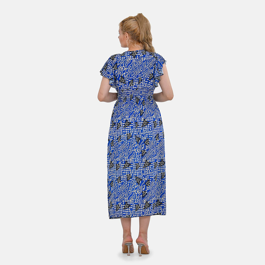 TAMSY Flutter Sleeves Smocked Midi Dress (Curve Size 20-26) - Blue