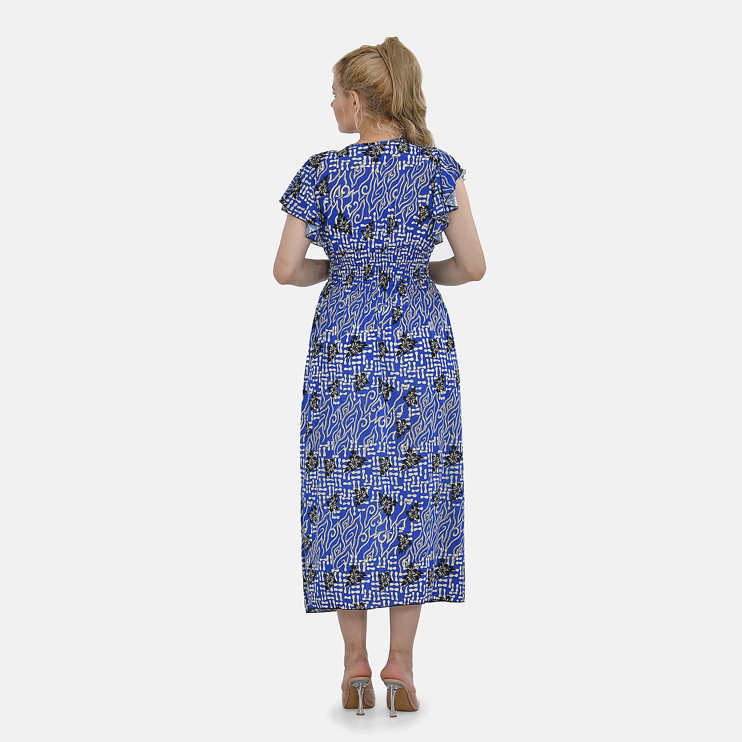 TAMSY Flutter Sleeves Smocked Midi Dress (Curve Size 20-26) - Blue