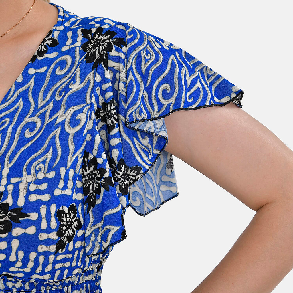 TAMSY Flutter Sleeves Smocked Midi Dress (Curve Size 20-26) - Blue