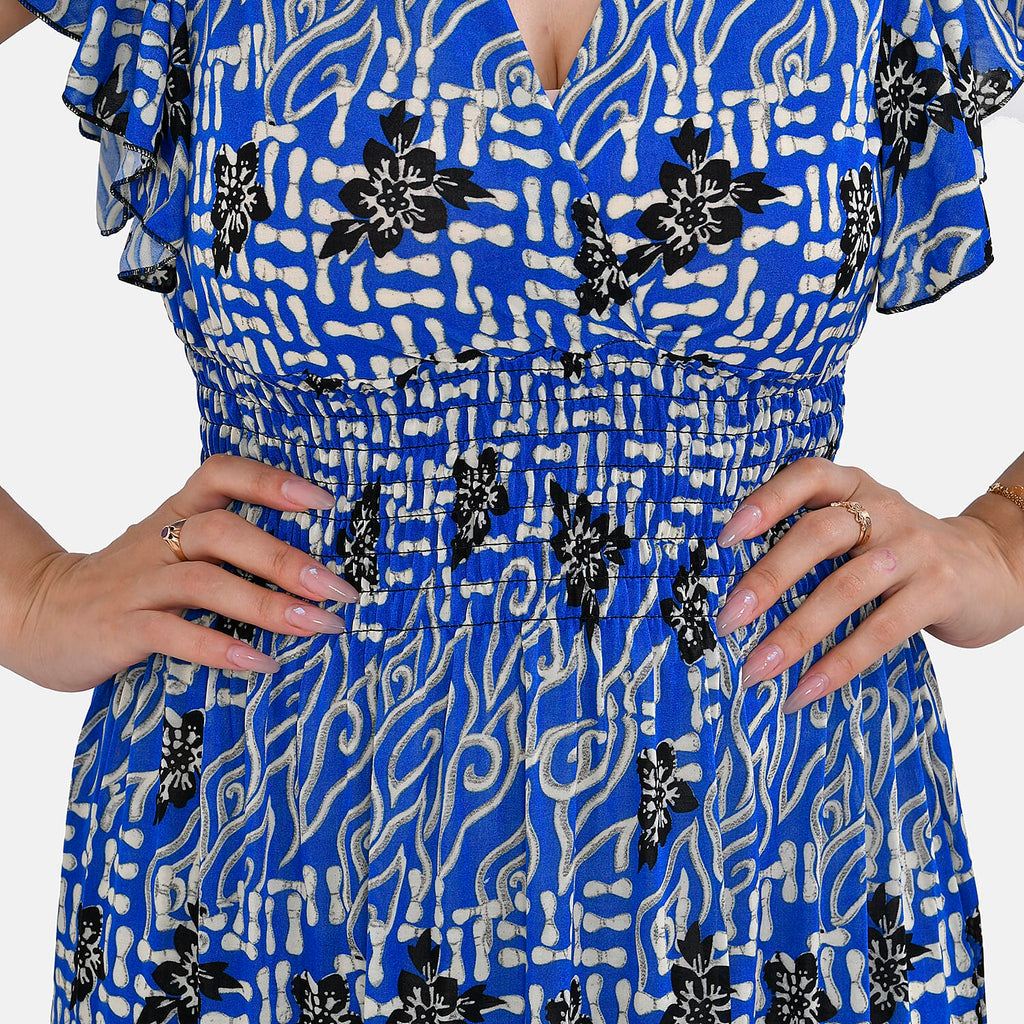 TAMSY Flutter Sleeves Smocked Midi Dress (Curve Size 20-26) - Blue