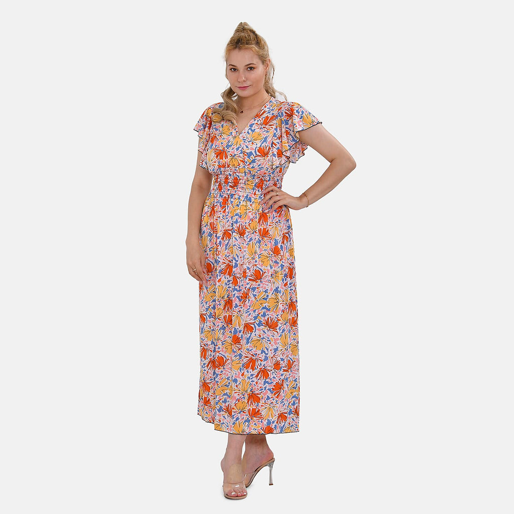 TAMSY Flutter Sleeves Floral Pattern Smocked Midi Dress (One Size 8 -18) - Orange - Yellow