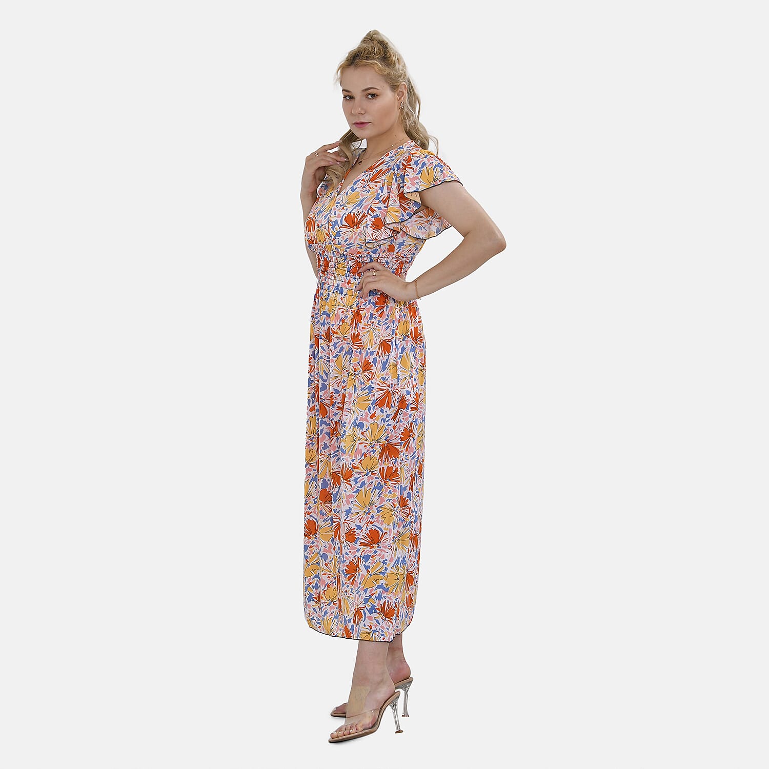 TAMSY Flutter Sleeves Floral Pattern Smocked Midi Dress (One Size 8 -18) - Orange - Yellow