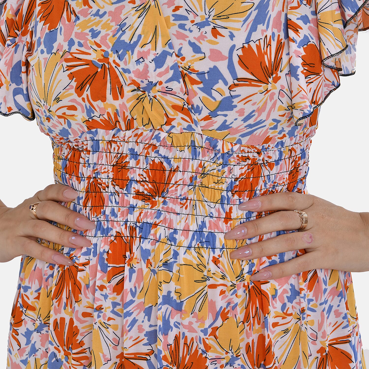 TAMSY Flutter Sleeves Floral Pattern Smocked Midi Dress (One Size 8 -18) - Orange - Yellow