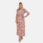 TAMSY Flutter Sleeves Floral Pattern Smocked Midi Dress (Curve Size 20-26) - Orange - Yellow