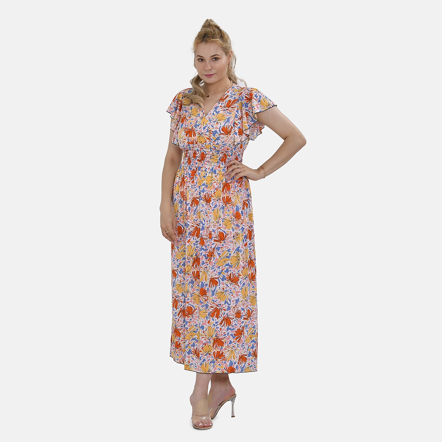 TAMSY Flutter Sleeves Floral Pattern Smocked Midi Dress (Curve Size 20-26) - Orange - Yellow