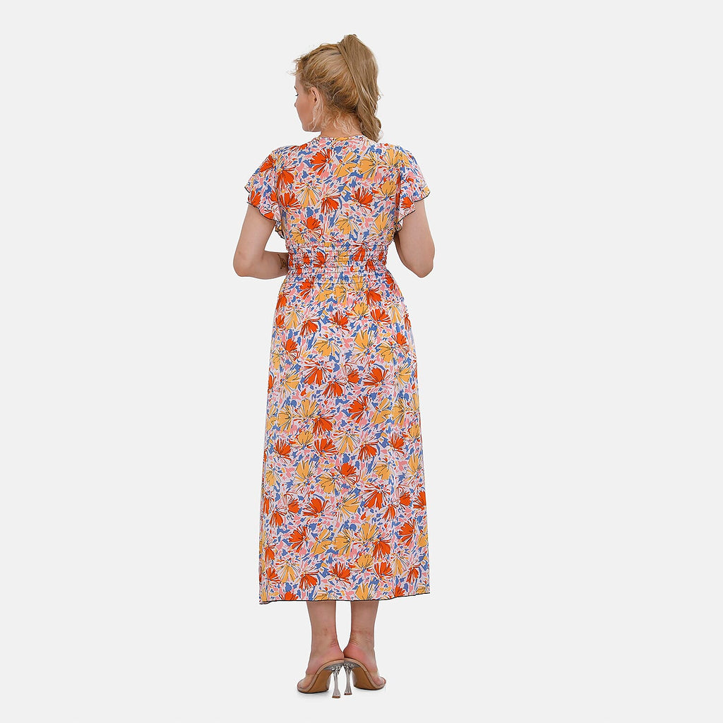 TAMSY Flutter Sleeves Floral Pattern Smocked Midi Dress (Curve Size 20-26) - Orange - Yellow