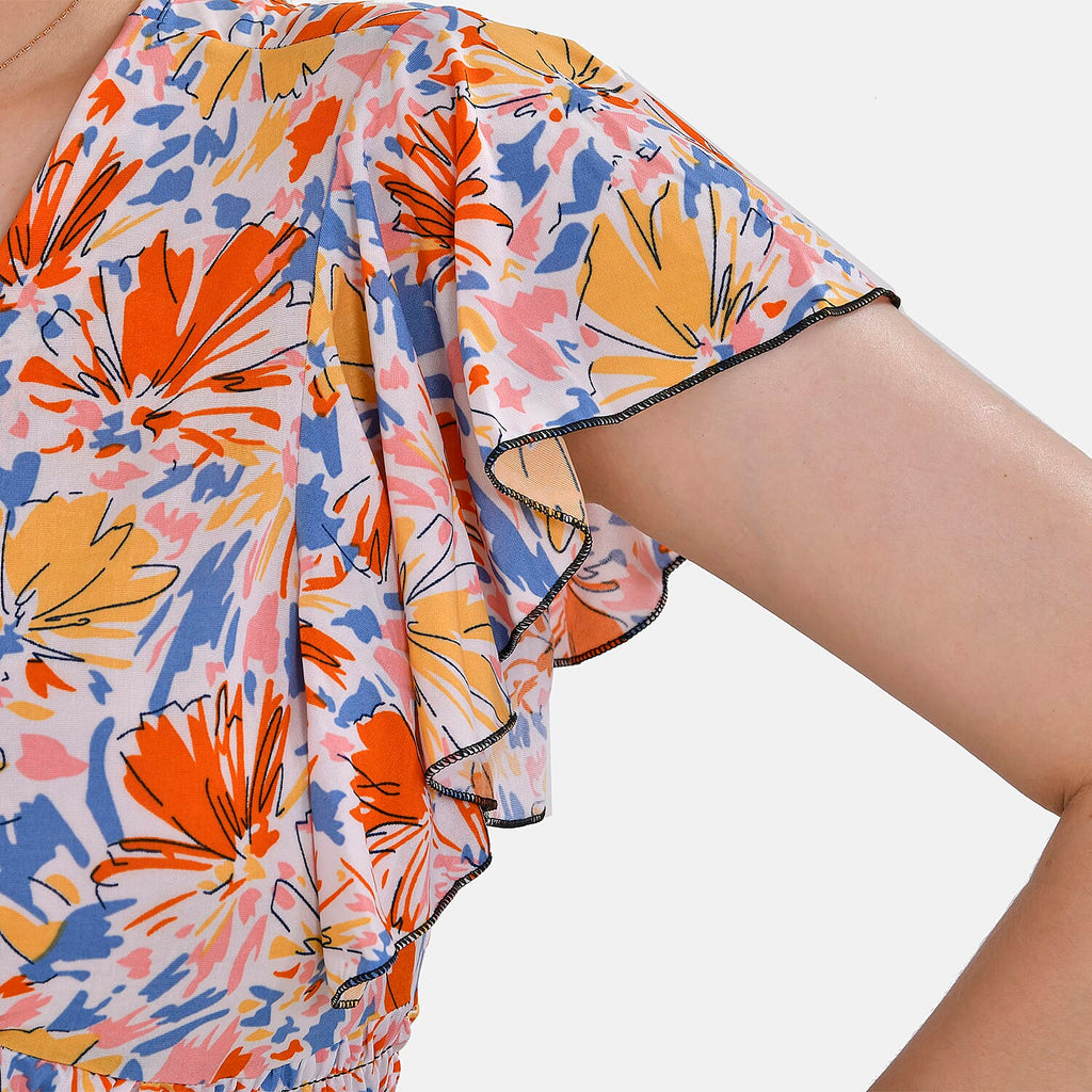 TAMSY Flutter Sleeves Floral Pattern Smocked Midi Dress (Curve Size 20-26) - Orange - Yellow