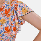 TAMSY Flutter Sleeves Floral Pattern Smocked Midi Dress (Curve Size 20-26) - Orange - Yellow
