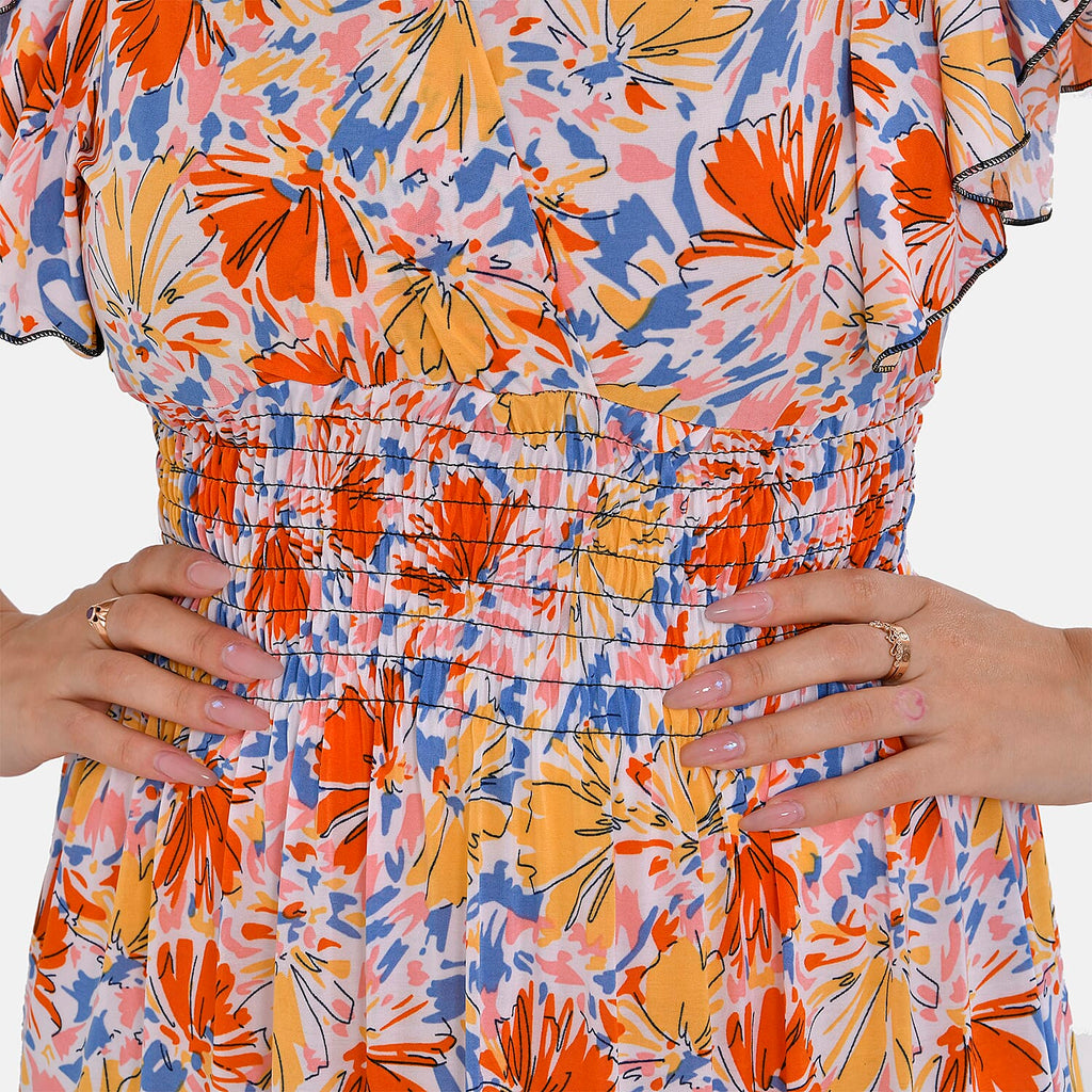 TAMSY Flutter Sleeves Floral Pattern Smocked Midi Dress (Curve Size 20-26) - Orange - Yellow
