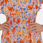 TAMSY Flutter Sleeves Floral Pattern Smocked Midi Dress (Curve Size 20-26) - Orange - Yellow