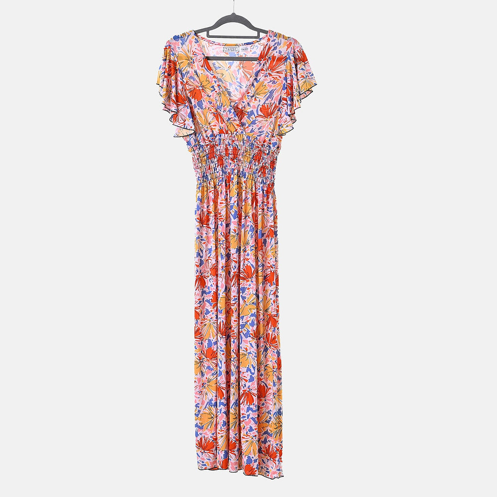 TAMSY Flutter Sleeves Floral Pattern Smocked Midi Dress (Curve Size 20-26) - Orange - Yellow