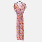 TAMSY Flutter Sleeves Floral Pattern Smocked Midi Dress (Curve Size 20-26) - Orange - Yellow