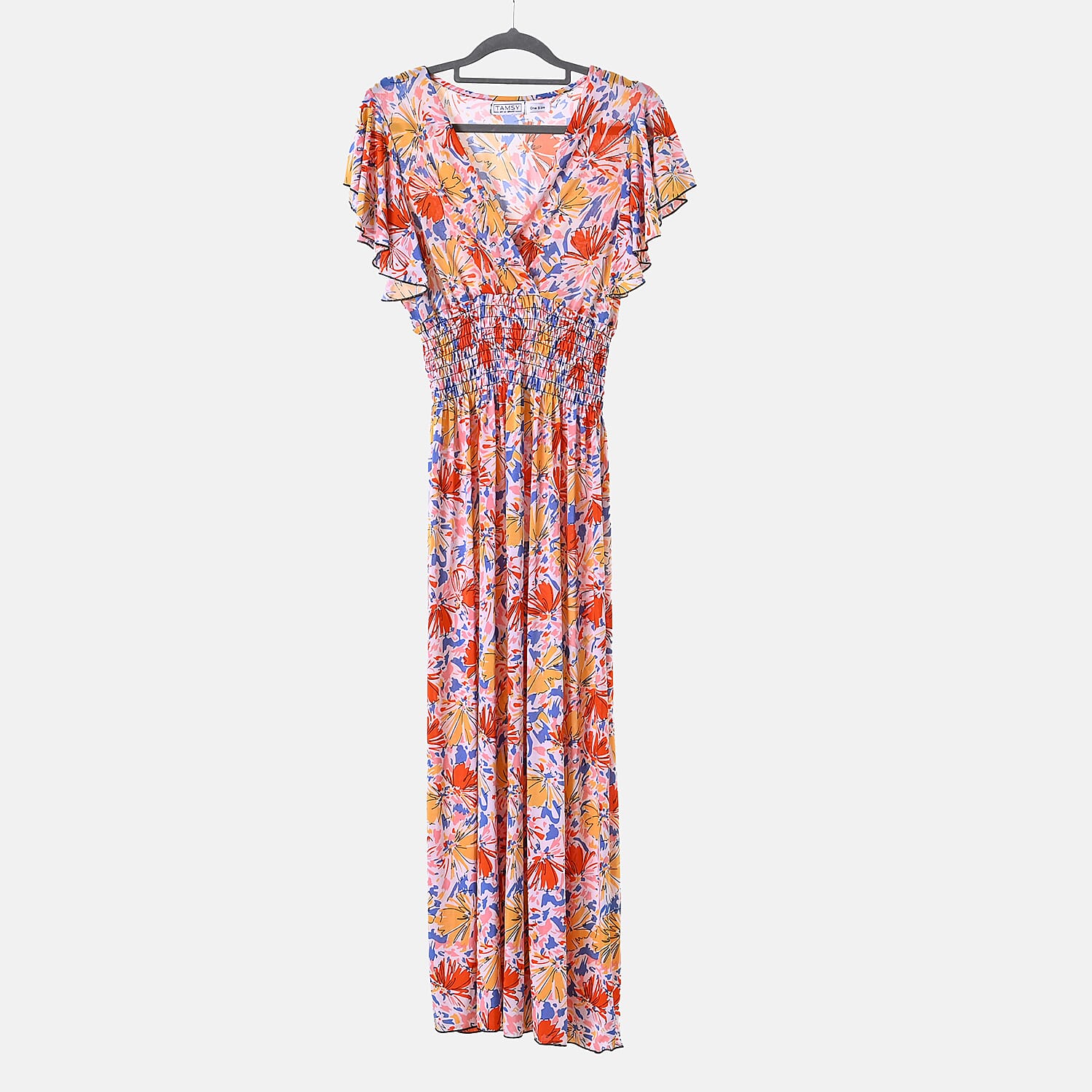 TAMSY Flutter Sleeves Floral Pattern Smocked Midi Dress (Curve Size 20-26) - Orange - Yellow