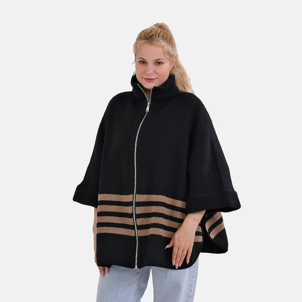 Tamsy Winter Striped Zip Poncho (One Size) - Black