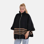 Tamsy Winter Striped Zip Poncho (One Size) - Black