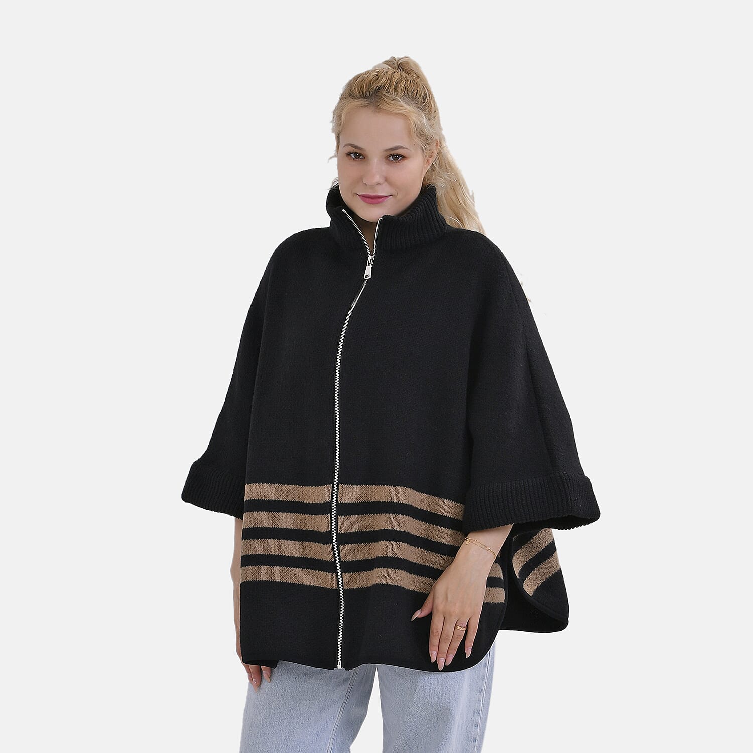 Tamsy Winter Striped Zip Poncho (One Size) - Black
