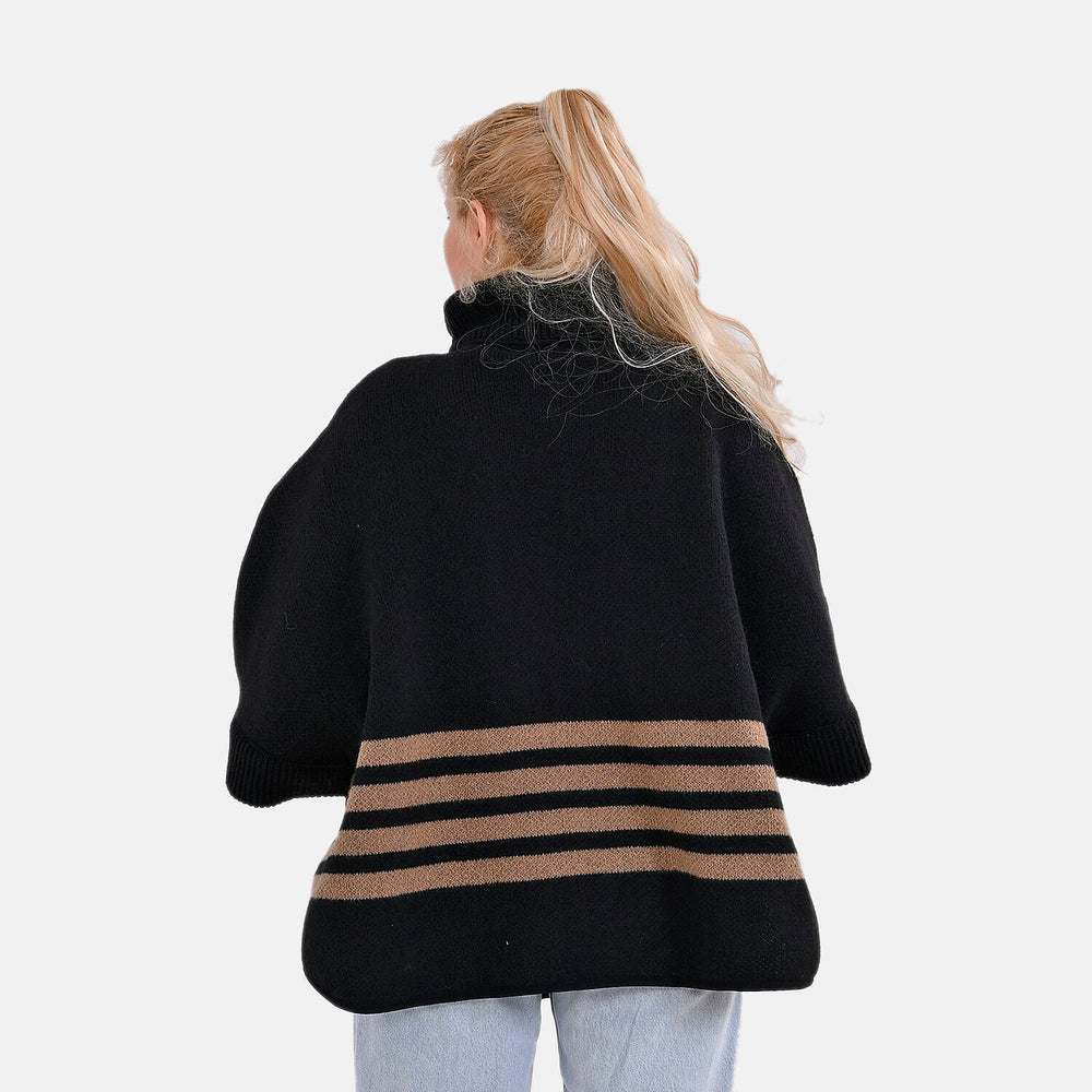 Tamsy Winter Striped Zip Poncho (One Size) - Black