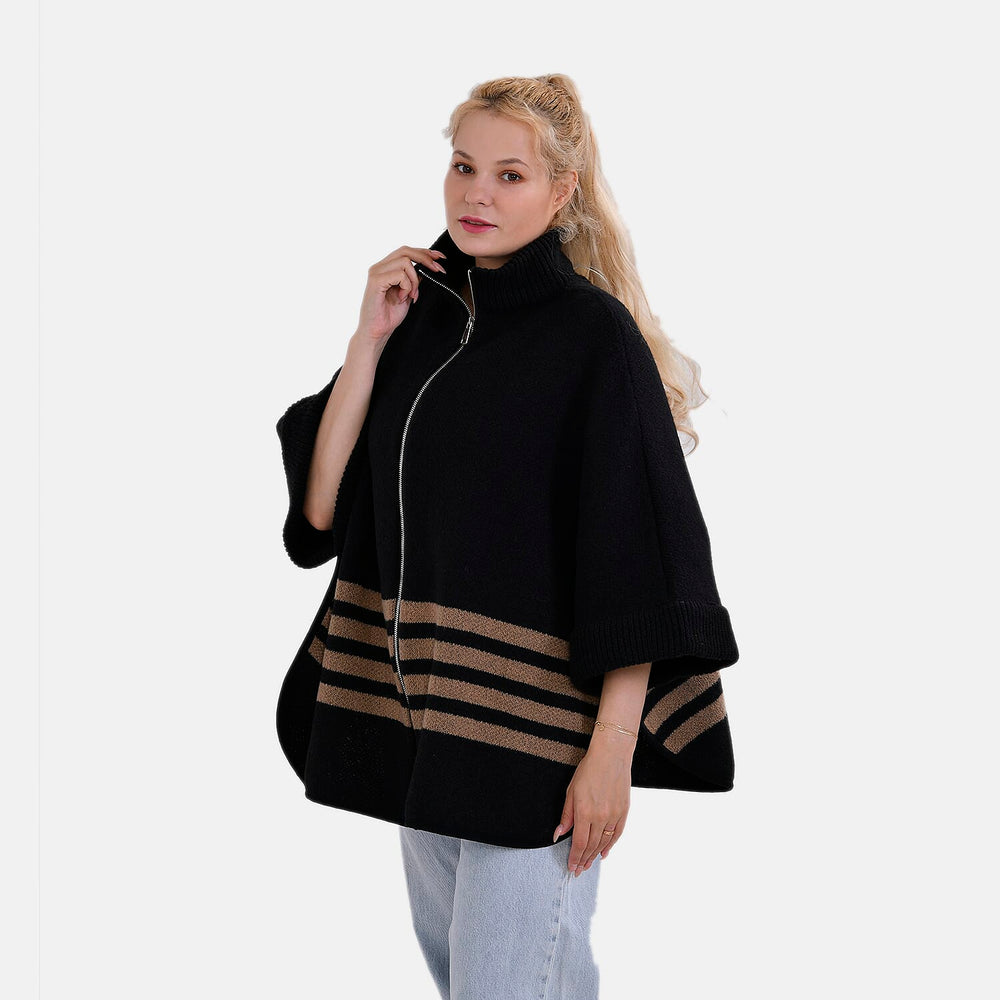 Tamsy Winter Striped Zip Poncho (One Size) - Black