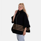 Tamsy Winter Striped Zip Poncho (One Size) - Black