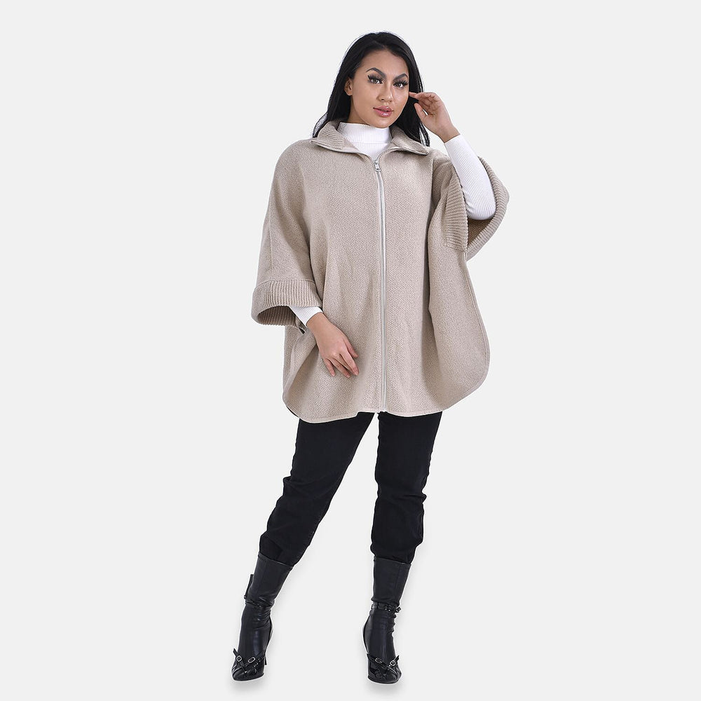 Stand Collar Zipper Closure Winter Poncho (One Size) - Oatmeal