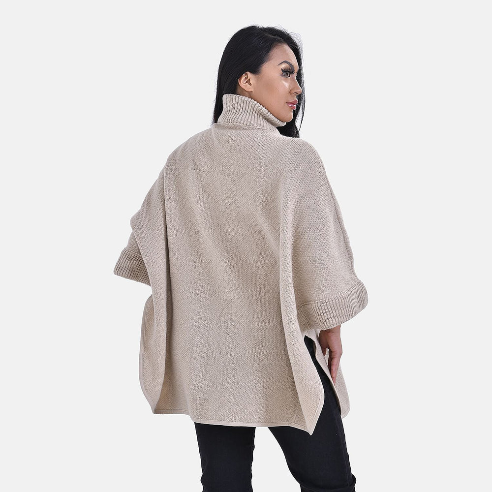 Stand Collar Zipper Closure Winter Poncho (One Size) - Oatmeal