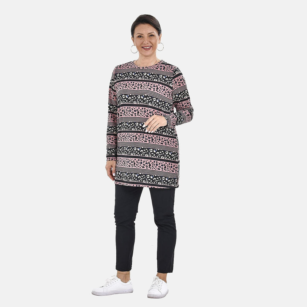 Tamsy Crew Neck Jersey Drape Top (One Size,8-18) - Black - Pink