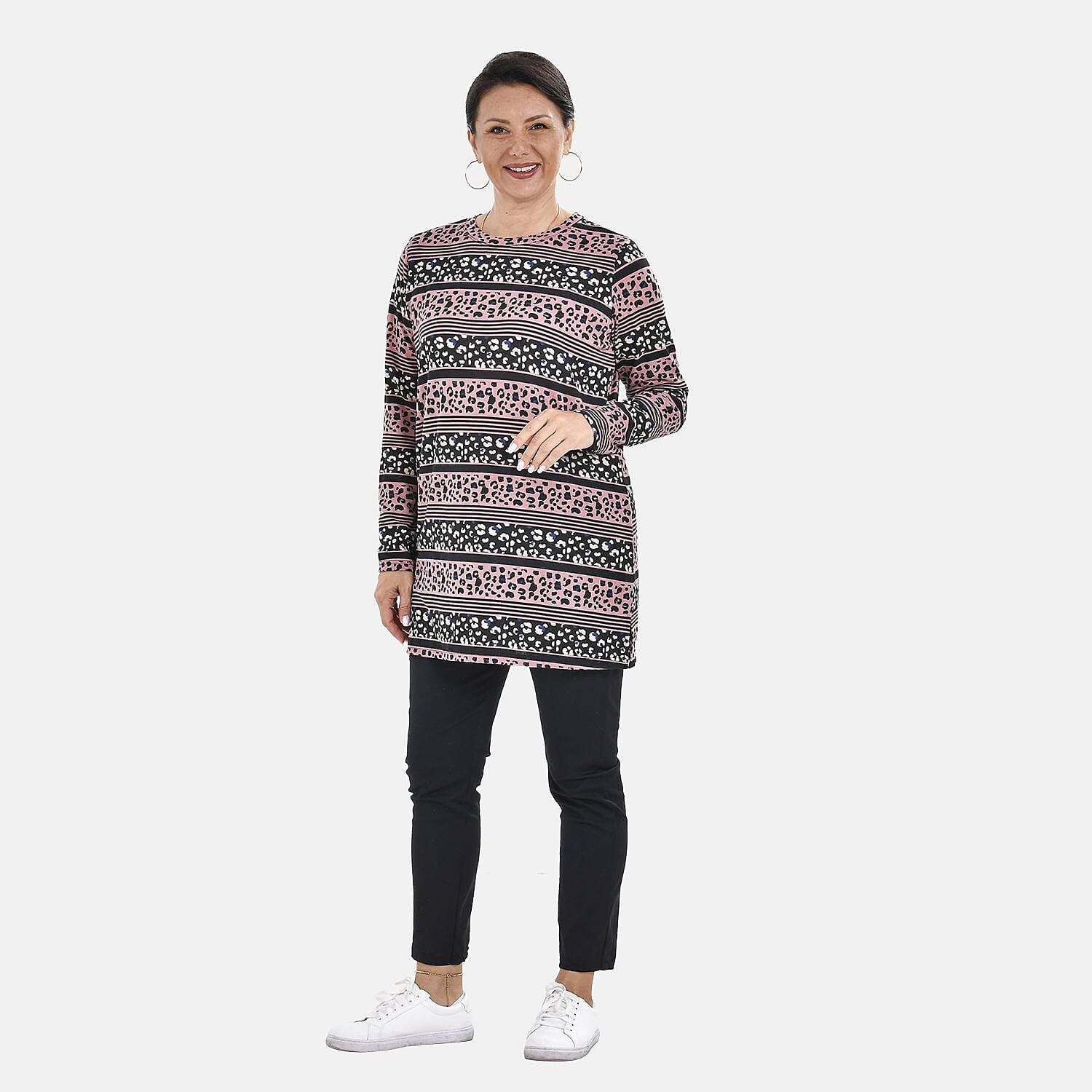 Tamsy Crew Neck Jersey Drape Top (One Size,8-18) - Black - Pink