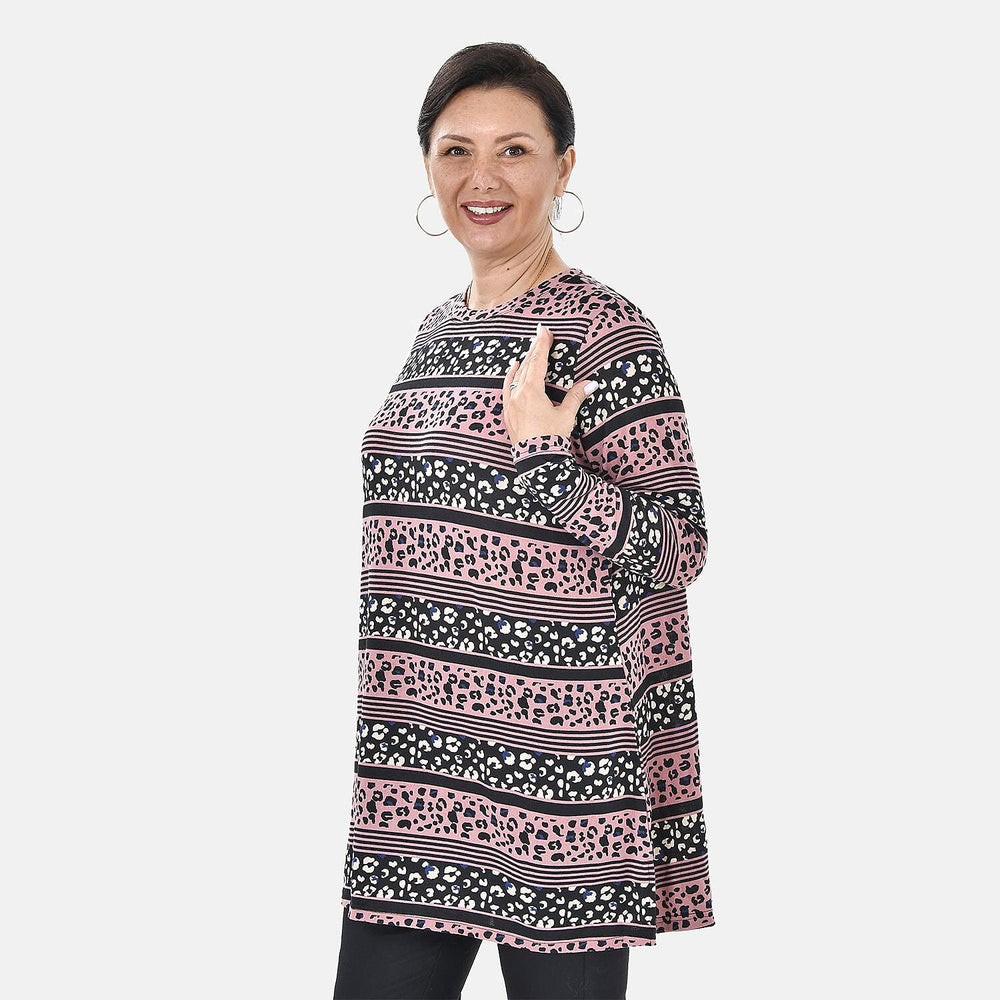 Tamsy Crew Neck Jersey Drape Top (One Size,8-18) - Black - Pink